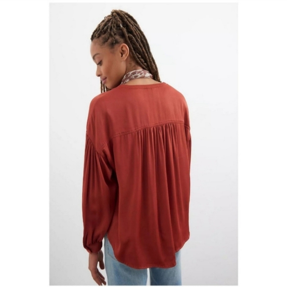 Anthropologie Darrah Western Sophisticated Rust Satin Pleated Button Down Top - Picture 5 of 12